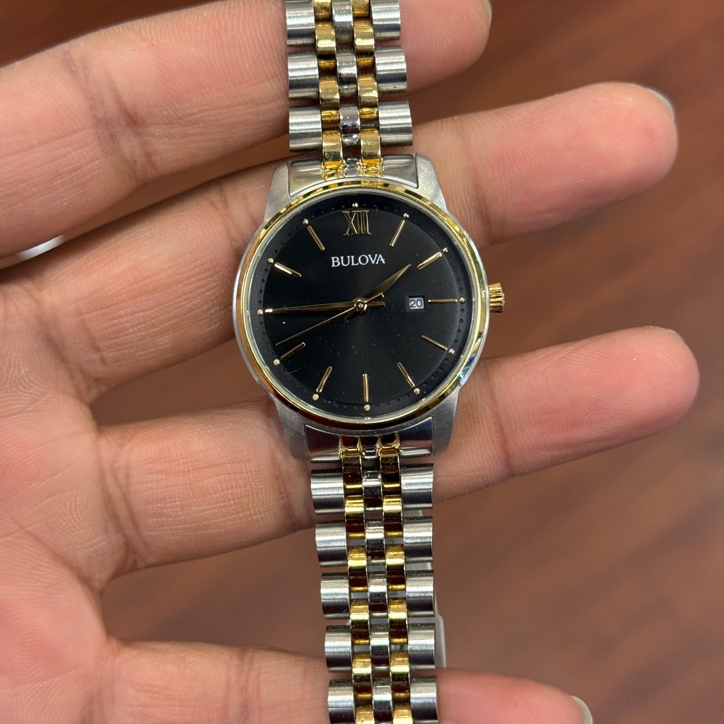 Bulova Black Dial Watch With Gold And Silver Jubilee Bracelet Womens